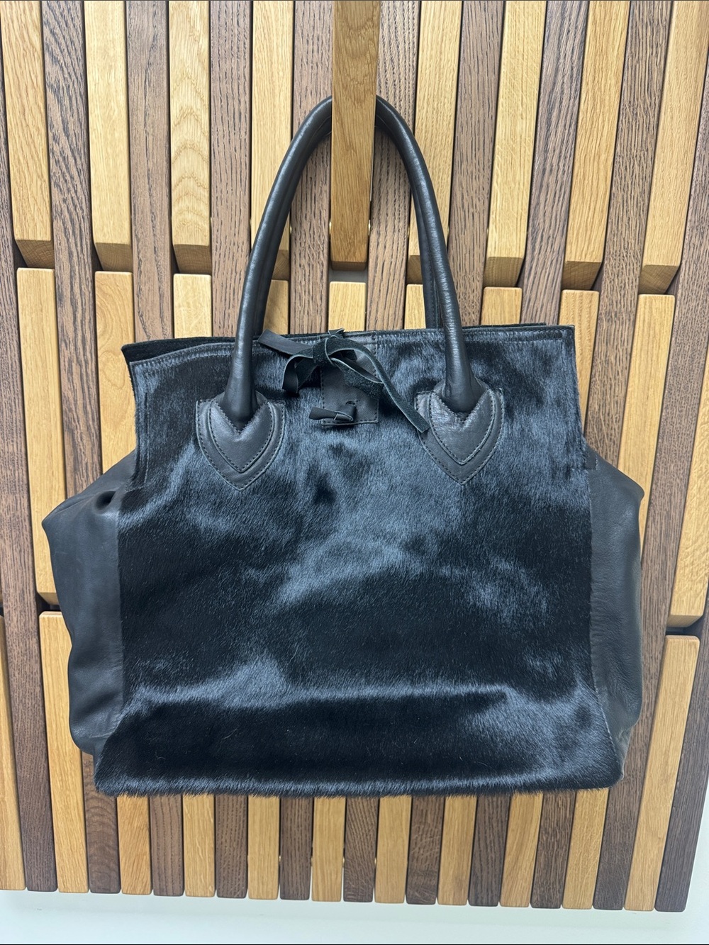 Let & Her Large Black Calfskin & Leather Large Satchel Bag